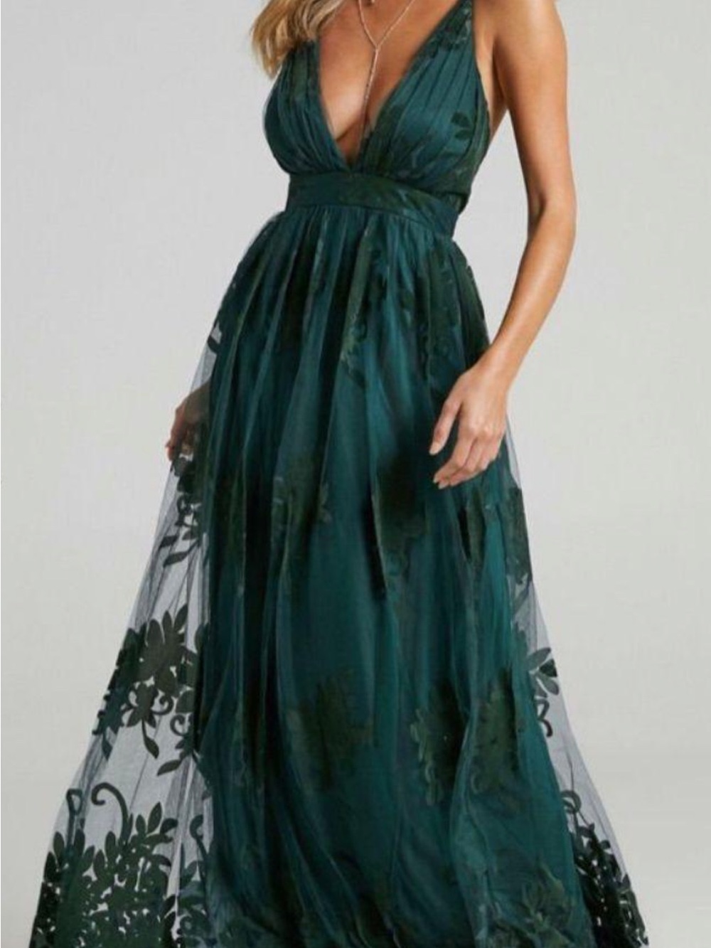 Lulu's Dark Green Tulle V-Neck Maxi Dress
